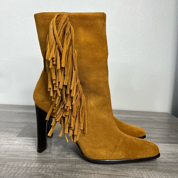 90s Fringe Square Toe Heeled Boots Tan Suede Western Predictions 7 1/2 - Picture 5 of 11